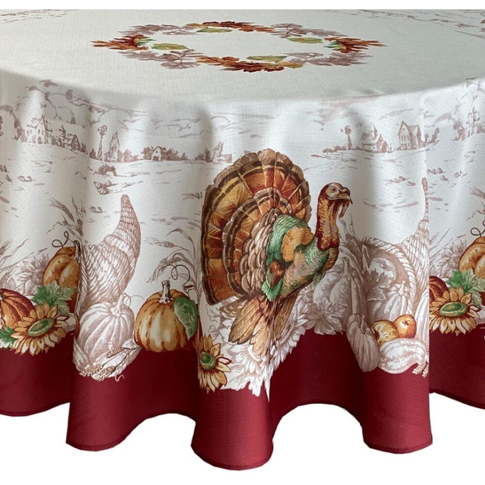 Printed Fabric Tablecloth, 60"x84" Oval, THANKSGIVING DAY, PLYMOUTH TURKEY, NB